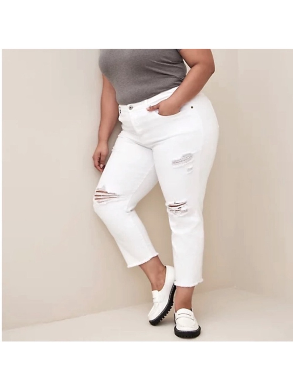 TORRID White Classic Denim Vintage Stretch High Rise Straight Distressed Jean